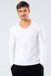 Cacharel Erkek Uzunkol V Yaka T-shirt, %95 Pamuk %5 Elestan - Thumbnail