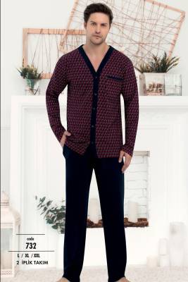 Erse - Erkek %100 Pamuk Rahat Kalıp Önden Düğmeli Pijama Takım, Cep Detaylıdır (1)
