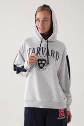 Harvard University Lisanslı Oversize Kapşonlu Sweatshirt, 3 İplik Dokuma Şardonlu Kışlık Sweatshirt - Thumbnail