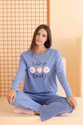 Kadın %100 Pamuklu Penye Pijama Takım, Life is Lovely Pijama Takımı - Thumbnail