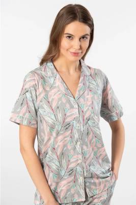 Türen - Kadın Yaprak Desenli Kısa Kollu Gömlek Yaka Pijama Takımı %50 Modal %50 Pamuk (1)