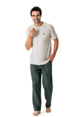 U.S. Polo Assn. - U.S. Polo Assn. Erkek Pijama Takım, Alt Çizgili Üst Düz Renk (1)