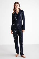 Yıldız Temalı Kadın %100 Pamuk Pijama Takımı, Boydan Düğmeli Uzun Kol Mevsimlik Pijama Takım - Thumbnail